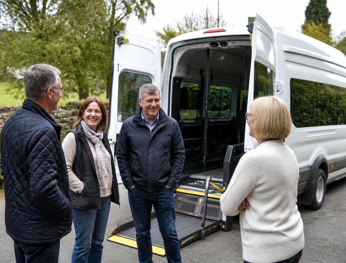 Fahrerinnen und Fahrer im Gespräch vor einem rollstuhlgerechten Ford Transit