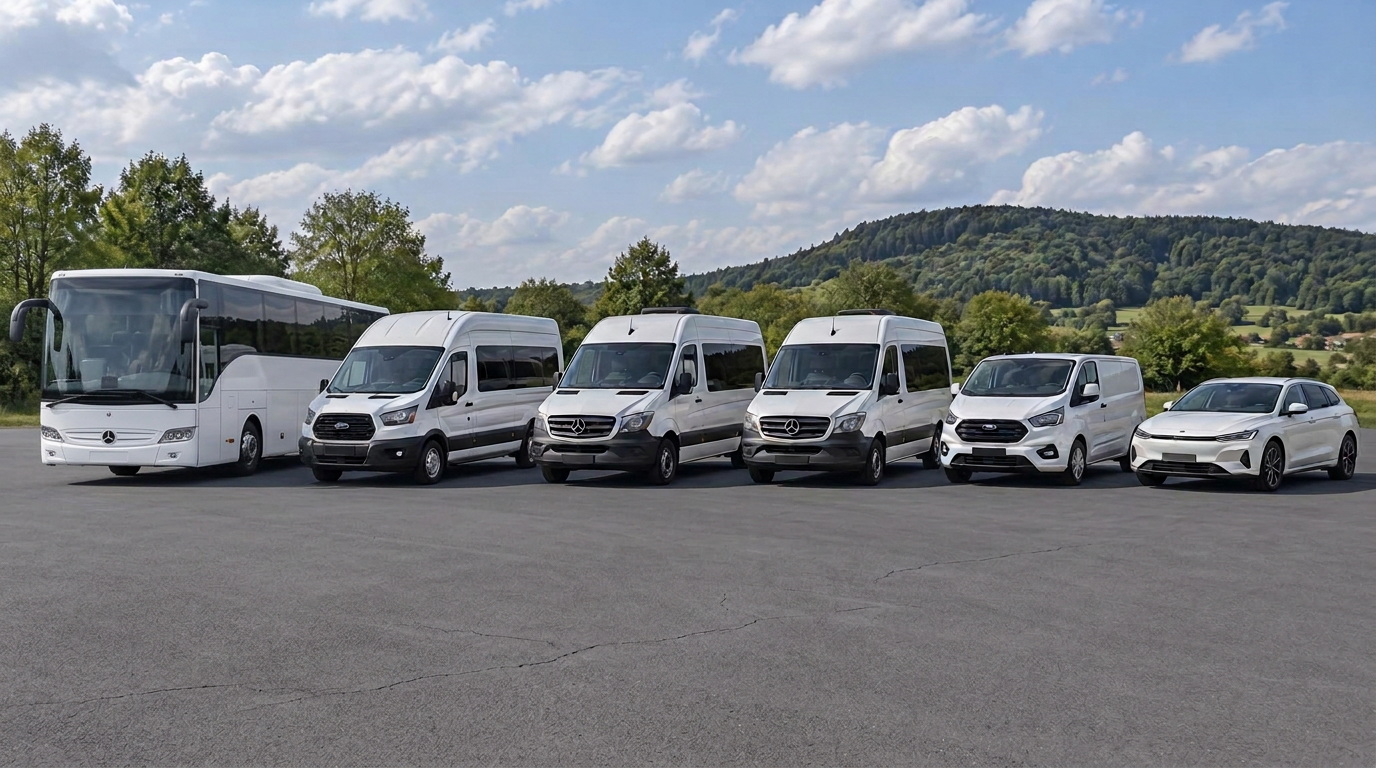 Fahrzeuge der Müller Mobility Flotte im Bogen aufgereiht – vom Reisebus bis zum Hybrid-Kombi